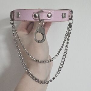 Glavil Tutuha Gyaru Baby Pink Shiny Leather Choker with Handcuff Chains